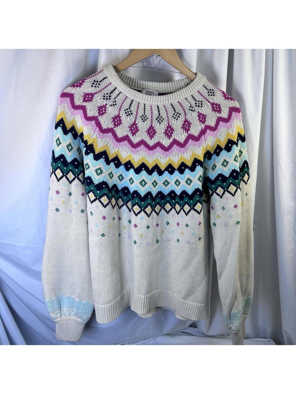 Crown & Ivy Fair Isle Crew Neck Long Sleeve Sweater Sz M Oat Color Oversized